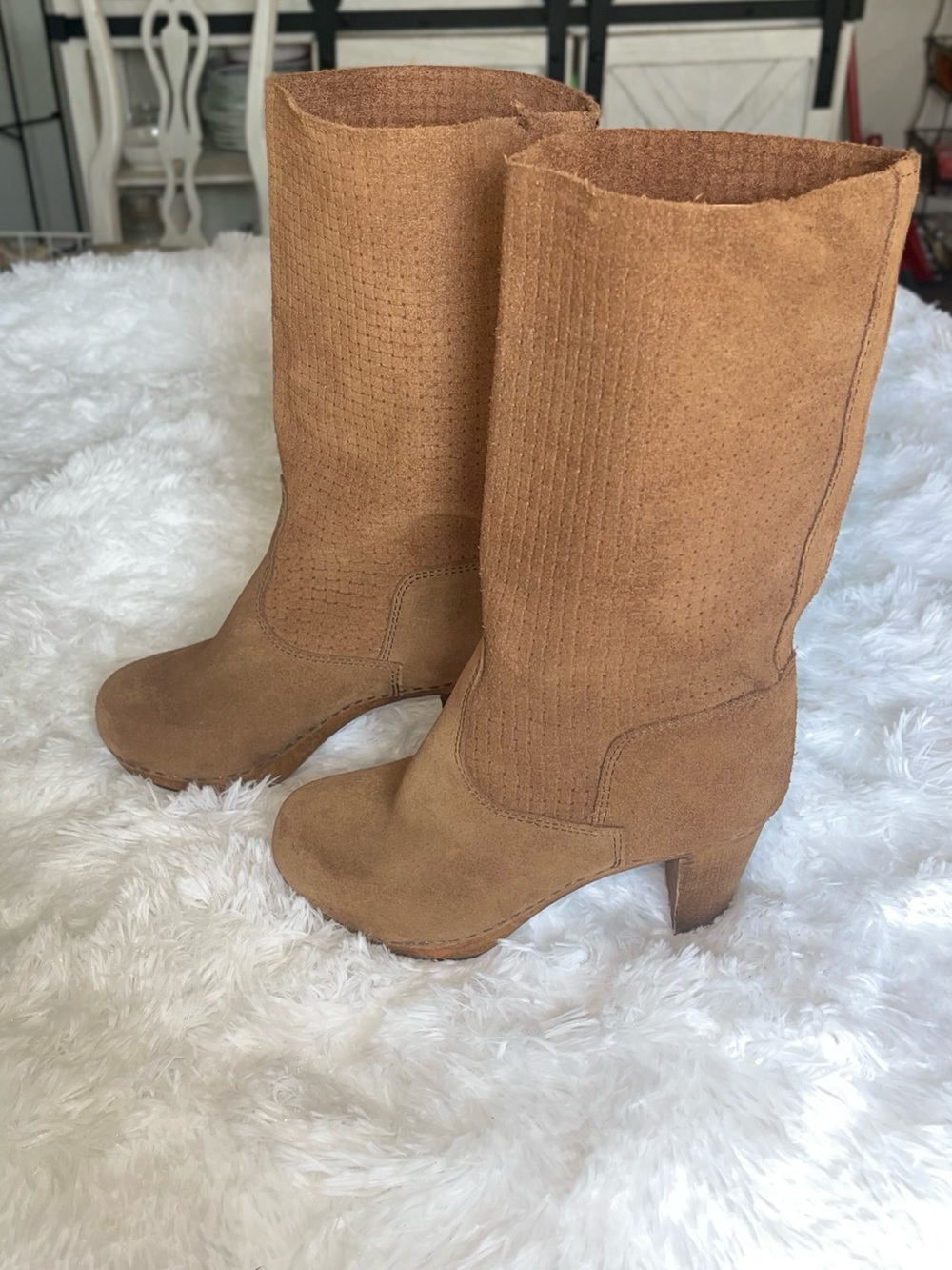 Vintage Sanita Tan Suede Mid-Calf Block Heel Boots